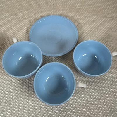 LOT 102: Vintage Kraft-Blue Holmer Laughlin China (various pieces), Crystal Bowls & Tablecloth (unmeasured)
