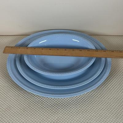 LOT 102: Vintage Kraft-Blue Holmer Laughlin China (various pieces), Crystal Bowls & Tablecloth (unmeasured)