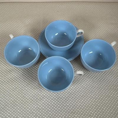 LOT 102: Vintage Kraft-Blue Holmer Laughlin China (various pieces), Crystal Bowls & Tablecloth (unmeasured)