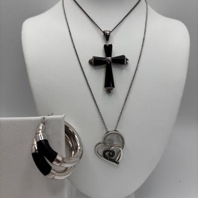 LOT 103: Sterling Silver 18" Necklace w/Cross Pendant & Onyx Stones, Sterling Silver 18" Necklace w/Marcasite Heart Pendant...