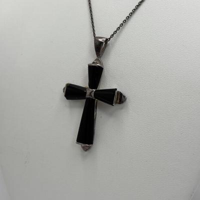 LOT 103: Sterling Silver 18" Necklace w/Cross Pendant & Onyx Stones, Sterling Silver 18" Necklace w/Marcasite Heart Pendant...