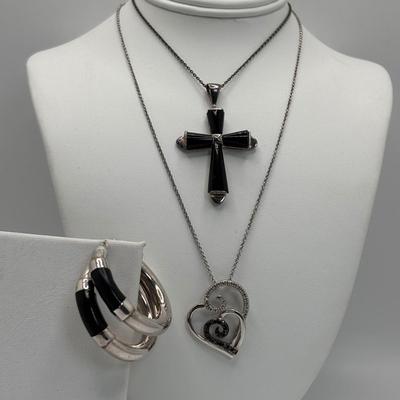 LOT 103: Sterling Silver 18" Necklace w/Cross Pendant & Onyx Stones, Sterling Silver 18" Necklace w/Marcasite Heart Pendant...