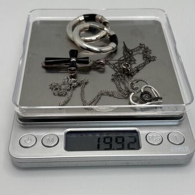 LOT 103: Sterling Silver 18" Necklace w/Cross Pendant & Onyx Stones, Sterling Silver 18" Necklace w/Marcasite Heart Pendant...