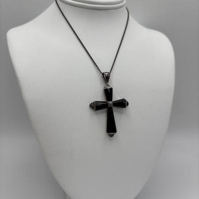 LOT 103: Sterling Silver 18" Necklace w/Cross Pendant & Onyx Stones, Sterling Silver 18" Necklace w/Marcasite Heart Pendant...