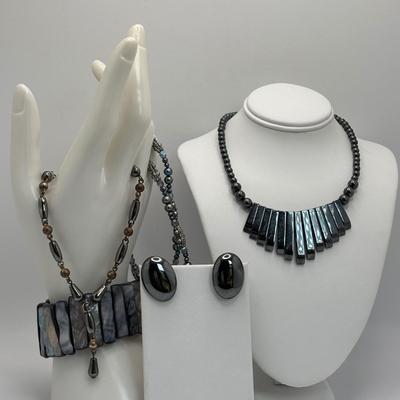 LOT 105: Abalone Panel Stretch Bracelet, Hematite Necklace & Earring Set, Freshwater Peal & Beaded Necklace & Premier Design...