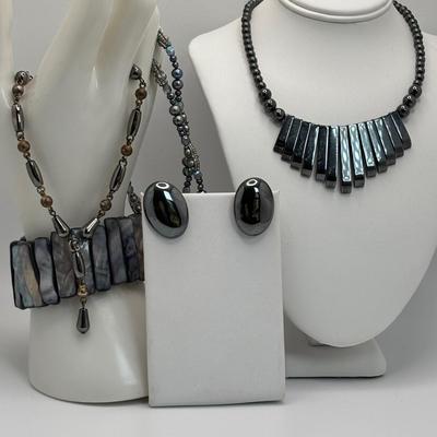 LOT 105: Abalone Panel Stretch Bracelet, Hematite Necklace & Earring Set, Freshwater Peal & Beaded Necklace & Premier Design...
