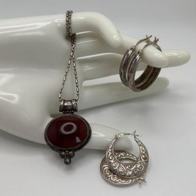 LOT 108: Sterling Silver 18" Rope Chain Necklace with a Carnelian/Reddish Brown Stone Pendant & 2 Pair of Sterling Silver Hoop...