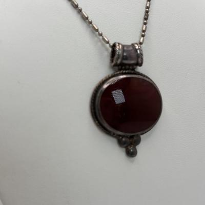 LOT 108: Sterling Silver 18" Rope Chain Necklace with a Carnelian/Reddish Brown Stone Pendant & 2 Pair of Sterling Silver Hoop...