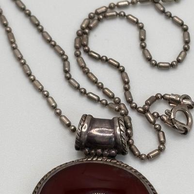LOT 108: Sterling Silver 18" Rope Chain Necklace with a Carnelian/Reddish Brown Stone Pendant & 2 Pair of Sterling Silver Hoop...