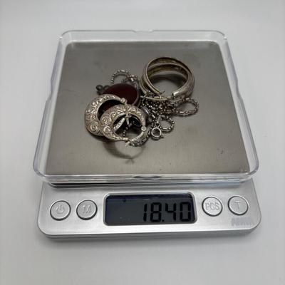 LOT 108: Sterling Silver 18" Rope Chain Necklace with a Carnelian/Reddish Brown Stone Pendant & 2 Pair of Sterling Silver Hoop...