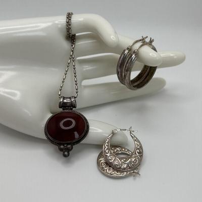LOT 108: Sterling Silver 18" Rope Chain Necklace with a Carnelian/Reddish Brown Stone Pendant & 2 Pair of Sterling Silver Hoop...