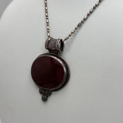 LOT 108: Sterling Silver 18" Rope Chain Necklace with a Carnelian/Reddish Brown Stone Pendant & 2 Pair of Sterling Silver Hoop...