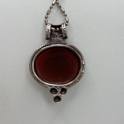 LOT 108: Sterling Silver 18" Rope Chain Necklace with a Carnelian/Reddish Brown Stone Pendant & 2 Pair of Sterling Silver Hoop...