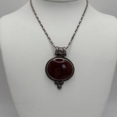 LOT 108: Sterling Silver 18" Rope Chain Necklace with a Carnelian/Reddish Brown Stone Pendant & 2 Pair of Sterling Silver Hoop...