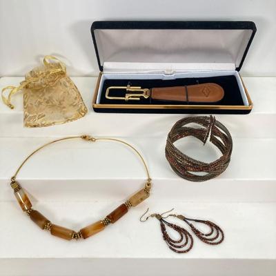 LOT 109: Fashion Jewelry Collection - Choker Necklace, Beaded Cuff Bracelet and Dangle Earrings with Leather "Liquid" Key Chain