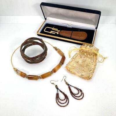 LOT 109: Fashion Jewelry Collection - Choker Necklace, Beaded Cuff Bracelet and Dangle Earrings with Leather "Liquid" Key Chain