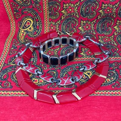 LOT 115: Red, Black and Orange Themed Fashion Jewelry with Paisley Print Scarf