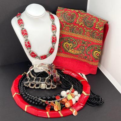 LOT 115: Red, Black and Orange Themed Fashion Jewelry with Paisley Print Scarf