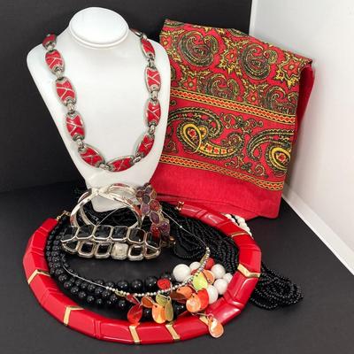 LOT 115: Red, Black and Orange Themed Fashion Jewelry with Paisley Print Scarf