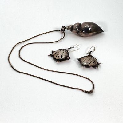 LOT 118: Sterling Silver Jewelry - Dangling Fish Earrings and Shell Pendant Necklace