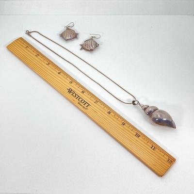 LOT 118: Sterling Silver Jewelry - Dangling Fish Earrings and Shell Pendant Necklace