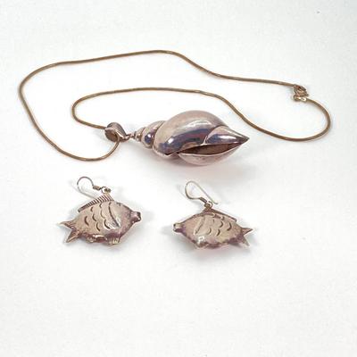 LOT 118: Sterling Silver Jewelry - Dangling Fish Earrings and Shell Pendant Necklace