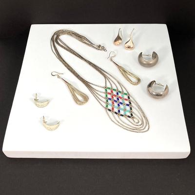 LOT 120: Sterling Silver Jewelry Collection - Necklace and Earrings
