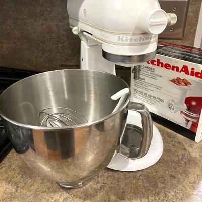LOT 205: Kitchen Aid Stand Mixer Model No. KSM150PSWW with Food Grinder Attachment