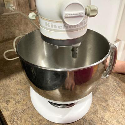 LOT 205: Kitchen Aid Stand Mixer Model No. KSM150PSWW with Food Grinder Attachment