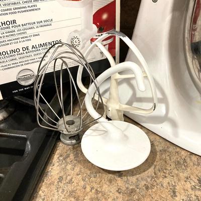 LOT 205: Kitchen Aid Stand Mixer Model No. KSM150PSWW with Food Grinder Attachment