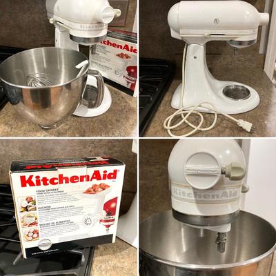 LOT 205: Kitchen Aid Stand Mixer Model No. KSM150PSWW with Food Grinder Attachment