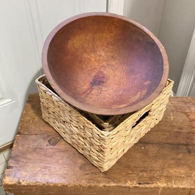 LOT 213: Vintage Primative Wooden Bowl, Collection of Baskets and Wooden Storage Box
