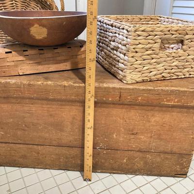 LOT 213: Vintage Primative Wooden Bowl, Collection of Baskets and Wooden Storage Box