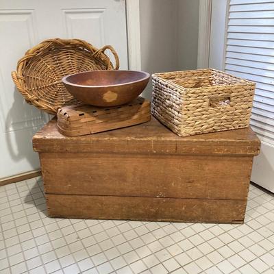 LOT 213: Vintage Primative Wooden Bowl, Collection of Baskets and Wooden Storage Box
