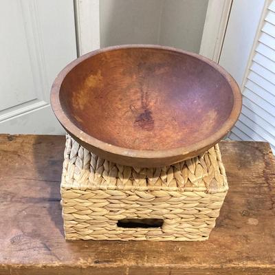 LOT 213: Vintage Primative Wooden Bowl, Collection of Baskets and Wooden Storage Box