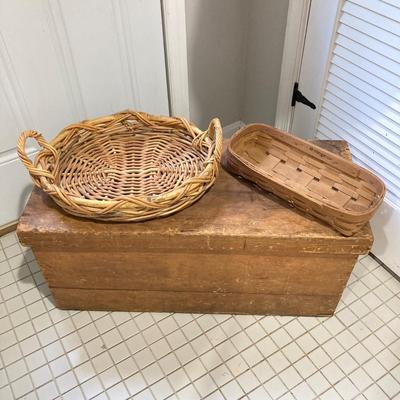 LOT 213: Vintage Primative Wooden Bowl, Collection of Baskets and Wooden Storage Box