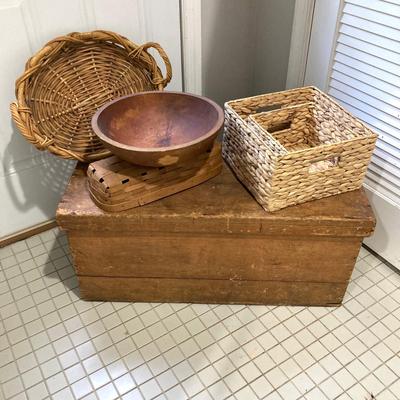 LOT 213: Vintage Primative Wooden Bowl, Collection of Baskets and Wooden Storage Box