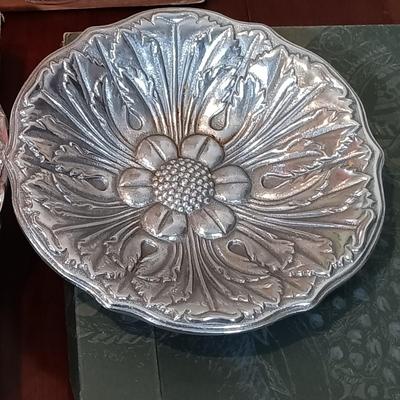LOT 221: Wilton Pewter Acanthus and Grape Plates, Glass Parfait Dish & More