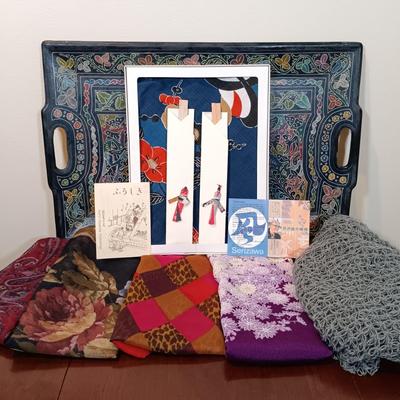 LOT 222: Olinala Lacquered Wood Tray, Serizawa Japanese Wrapping Cloth & Fashion Scarves