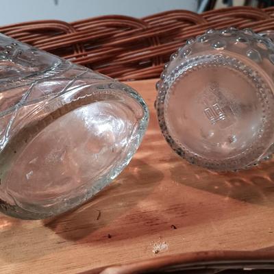 LOT 228: Ransbottom Roseville 1qt Crock, Amber Glass Pedestal Vase, Hobnail Bud Vase & More