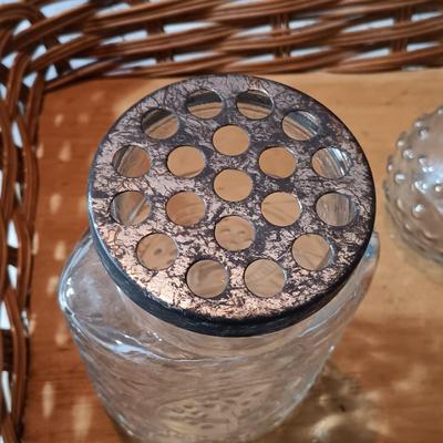 LOT 228: Ransbottom Roseville 1qt Crock, Amber Glass Pedestal Vase, Hobnail Bud Vase & More