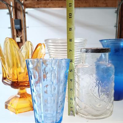 LOT 228: Ransbottom Roseville 1qt Crock, Amber Glass Pedestal Vase, Hobnail Bud Vase & More