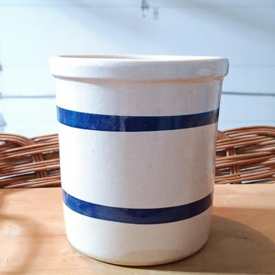 LOT 228: Ransbottom Roseville 1qt Crock, Amber Glass Pedestal Vase, Hobnail Bud Vase & More