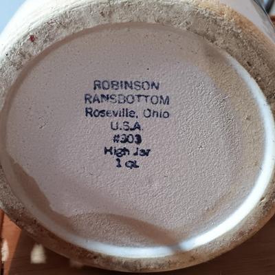 LOT 228: Ransbottom Roseville 1qt Crock, Amber Glass Pedestal Vase, Hobnail Bud Vase & More