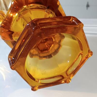 LOT 228: Ransbottom Roseville 1qt Crock, Amber Glass Pedestal Vase, Hobnail Bud Vase & More