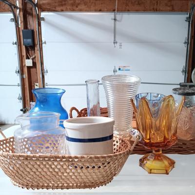 LOT 228: Ransbottom Roseville 1qt Crock, Amber Glass Pedestal Vase, Hobnail Bud Vase & More