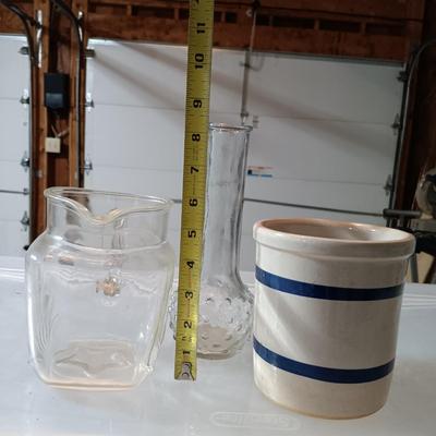 LOT 228: Ransbottom Roseville 1qt Crock, Amber Glass Pedestal Vase, Hobnail Bud Vase & More