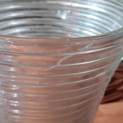 LOT 228: Ransbottom Roseville 1qt Crock, Amber Glass Pedestal Vase, Hobnail Bud Vase & More