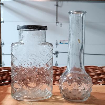 LOT 228: Ransbottom Roseville 1qt Crock, Amber Glass Pedestal Vase, Hobnail Bud Vase & More