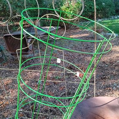 LOT 234: Garden Collection- Galvanized Metal Buckets, Enamel Bucket, Metal Plant Stand, Tomato Cages & More